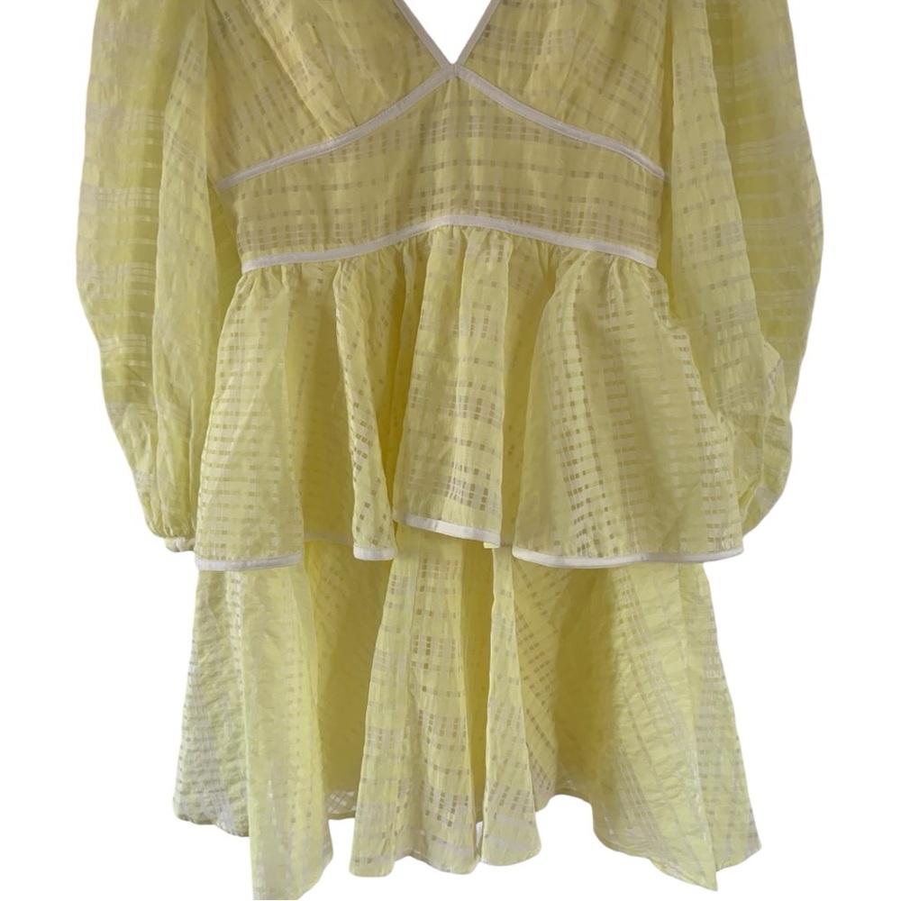 STAUD Yellow Sheer Organza Tiered Mini Dress Puff Sleeve V Neck Size 2 NWOT - Picture 8 of 12